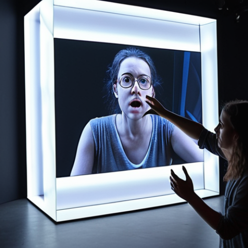 Home 15 Interactive media art installation: A viewer interacts with a responsive light and sound display, blurring the line between art and life.