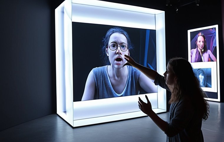 Interactive media art installation: A viewer interacts with a responsive light and sound display, blurring the line between art and life.