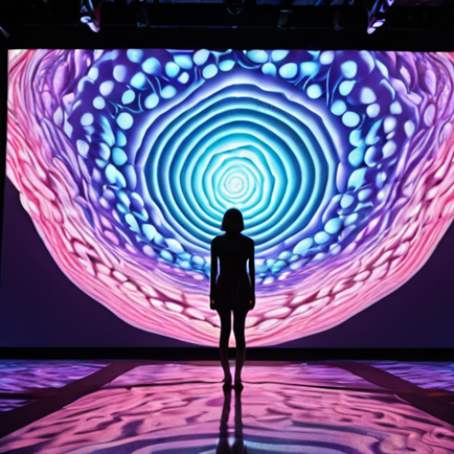 Home 14 **Prompt 1: Interactive Immersive Digital Art Experience**
A person stands mesmerized within a vast, dynamic immersive digital art installation. The space is filled with glowing, amorphous forms and fluid light projections that respond subtly to their presence, creating an interactive environment. The scene emphasizes a multi-sensory experience, with abstract visuals suggesting soundscapes and even tactile sensations. The atmosphere is dreamlike and futuristic, conveying a deep connection between the viewer and the evolving artwork, blurring the lines of observation and participation. High resolution, vibrant colors, soft ambient lighting.
