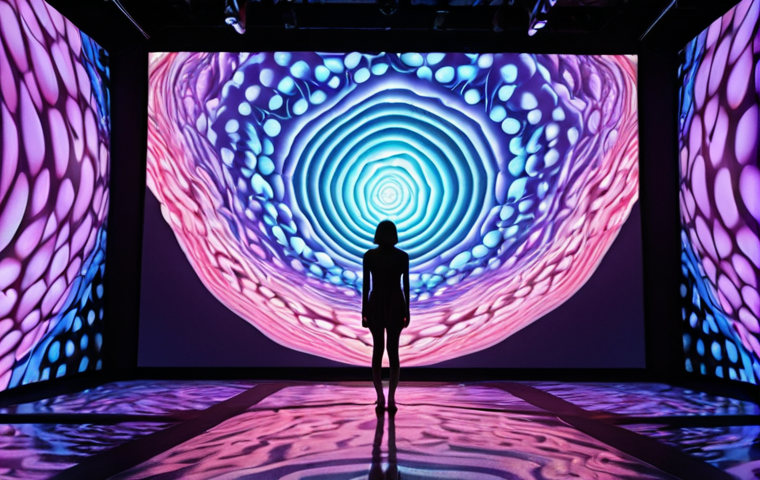 **Prompt 1: Interactive Immersive Digital Art Experience**
A person stands mesmerized within a vast, dynamic immersive digital art installation. The space is filled with glowing, amorphous forms and fluid light projections that respond subtly to their presence, creating an interactive environment. The scene emphasizes a multi-sensory experience, with abstract visuals suggesting soundscapes and even tactile sensations. The atmosphere is dreamlike and futuristic, conveying a deep connection between the viewer and the evolving artwork, blurring the lines of observation and participation. High resolution, vibrant colors, soft ambient lighting.