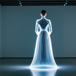 An immersive time-based art installation in a minimalist, dimly lit modern art gallery. Dynamic light patterns project onto a multi-faceted sculpture, subtly shifting in color and intensity to represent non-linear time. Ethereal soundscapes fill the space, evolving in harmony with the visuals. A lone, fully clothed figure in modest attire stands observing the art from a distance, contributing to the scale. The atmosphere is contemplative and mesmerizing, showcasing a unique sensory experience. Professional photography, high detail, studio lighting, safe for work, appropriate content, fully clothed, professional dress, perfect anatomy, well-formed hands, natural body proportions, natural pose.