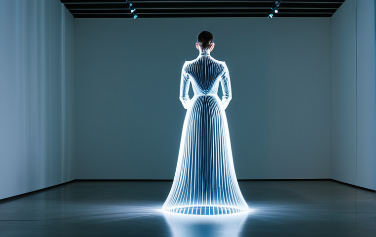 An immersive time-based art installation in a minimalist, dimly lit modern art gallery. Dynamic light patterns project onto a multi-faceted sculpture, subtly shifting in color and intensity to represent non-linear time. Ethereal soundscapes fill the space, evolving in harmony with the visuals. A lone, fully clothed figure in modest attire stands observing the art from a distance, contributing to the scale. The atmosphere is contemplative and mesmerizing, showcasing a unique sensory experience. Professional photography, high detail, studio lighting, safe for work, appropriate content, fully clothed, professional dress, perfect anatomy, well-formed hands, natural body proportions, natural pose.